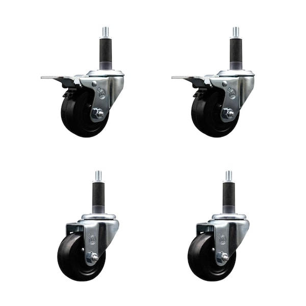 3'' Soft Rubber Swivel 1'' Expanding Stem Caster Set 2 Total Lock Brakes, 4PK